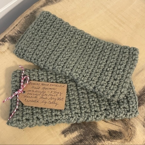 Handmade Fingerless Gloves Gaming Texting Eucalyptus Green Gray - Picture 2 of 4